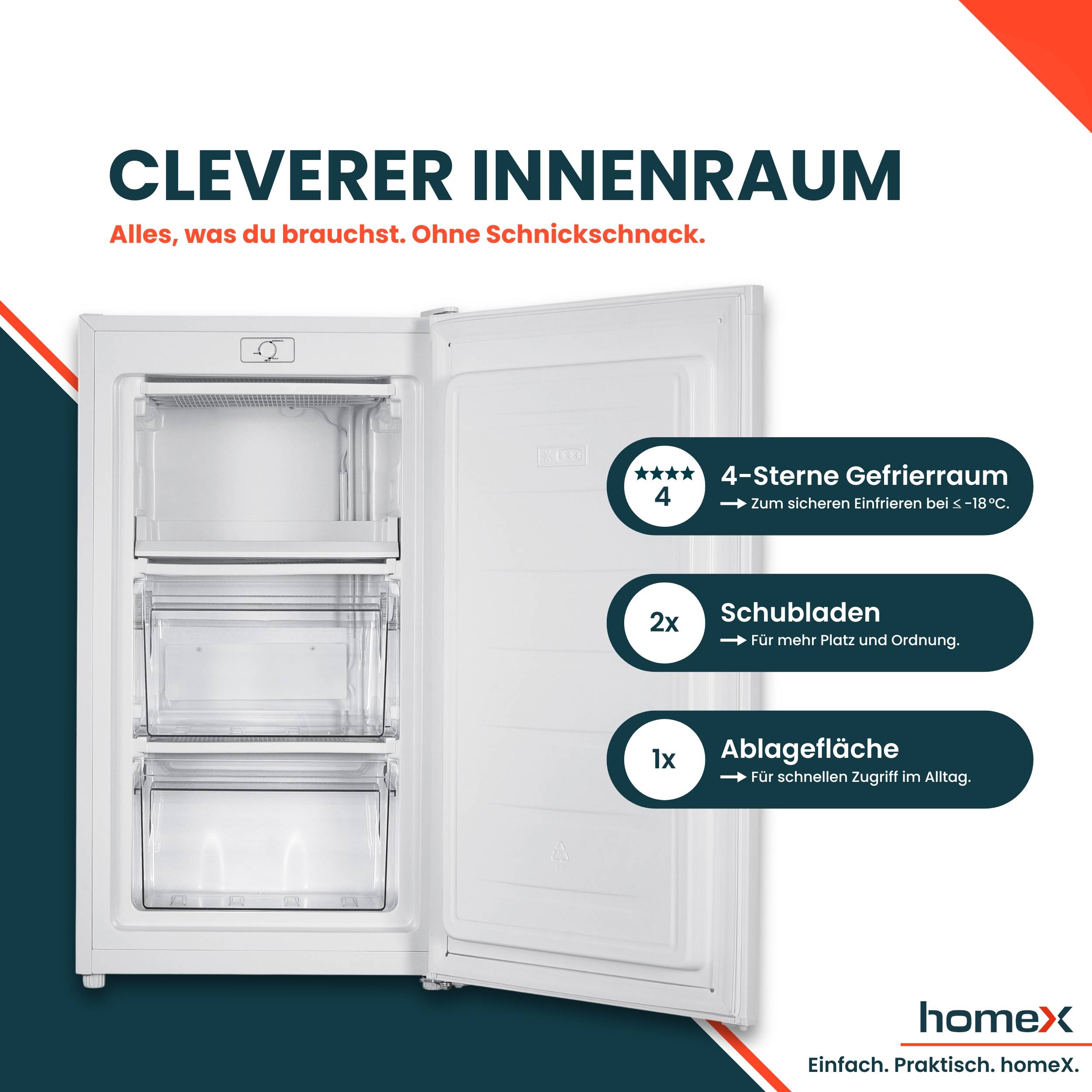 homeX Gefrierschrank, Tiefkühlschrank klein - 60L Nutzinhalt, 4-Sterne Gefrieren, Freezer freistehend, weiß, FS1016-W-2