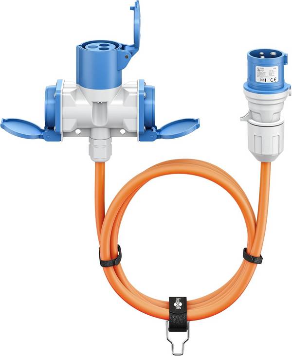 Goobay 76265 CEE Adapterkabel, CEE-Stecker auf 2x 90° CEE-Buchse und Schutzkontakt-Buchse, IP44 16 A / 230 V, 5 mtr