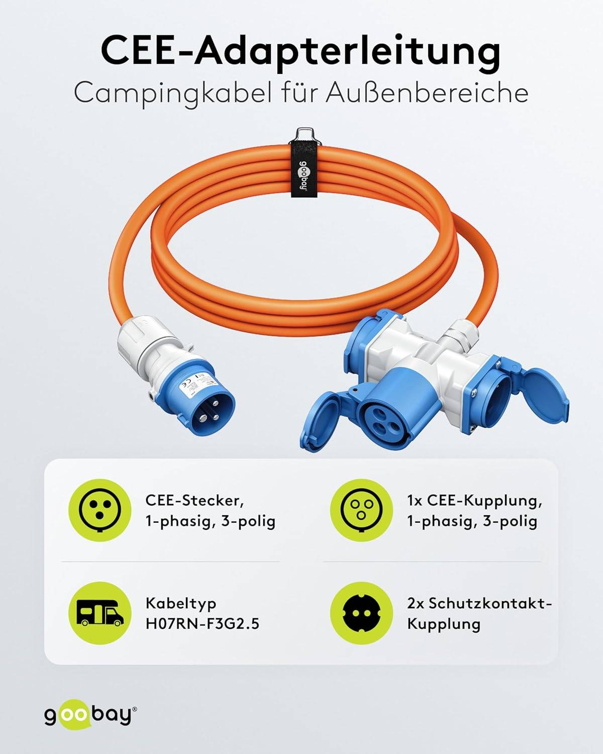 Goobay 76231 CEE Adapterkabel, CEE-Stecker auf 2x 90° CEE-Buchse und Schutzkontakt-Buchse, IP44 16 A / 230 V, 1.5 mtr-1