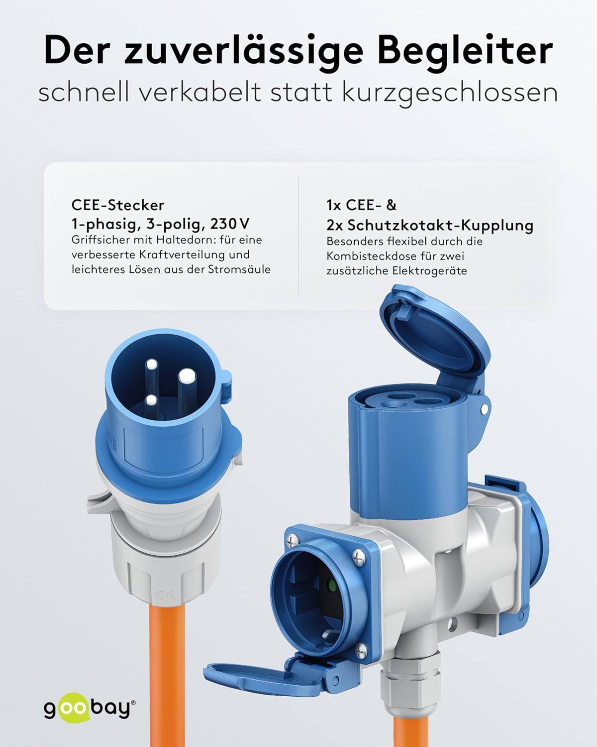 Goobay 76231 CEE Adapterkabel, CEE-Stecker auf 2x 90° CEE-Buchse und Schutzkontakt-Buchse, IP44 16 A / 230 V, 1.5 mtr-3
