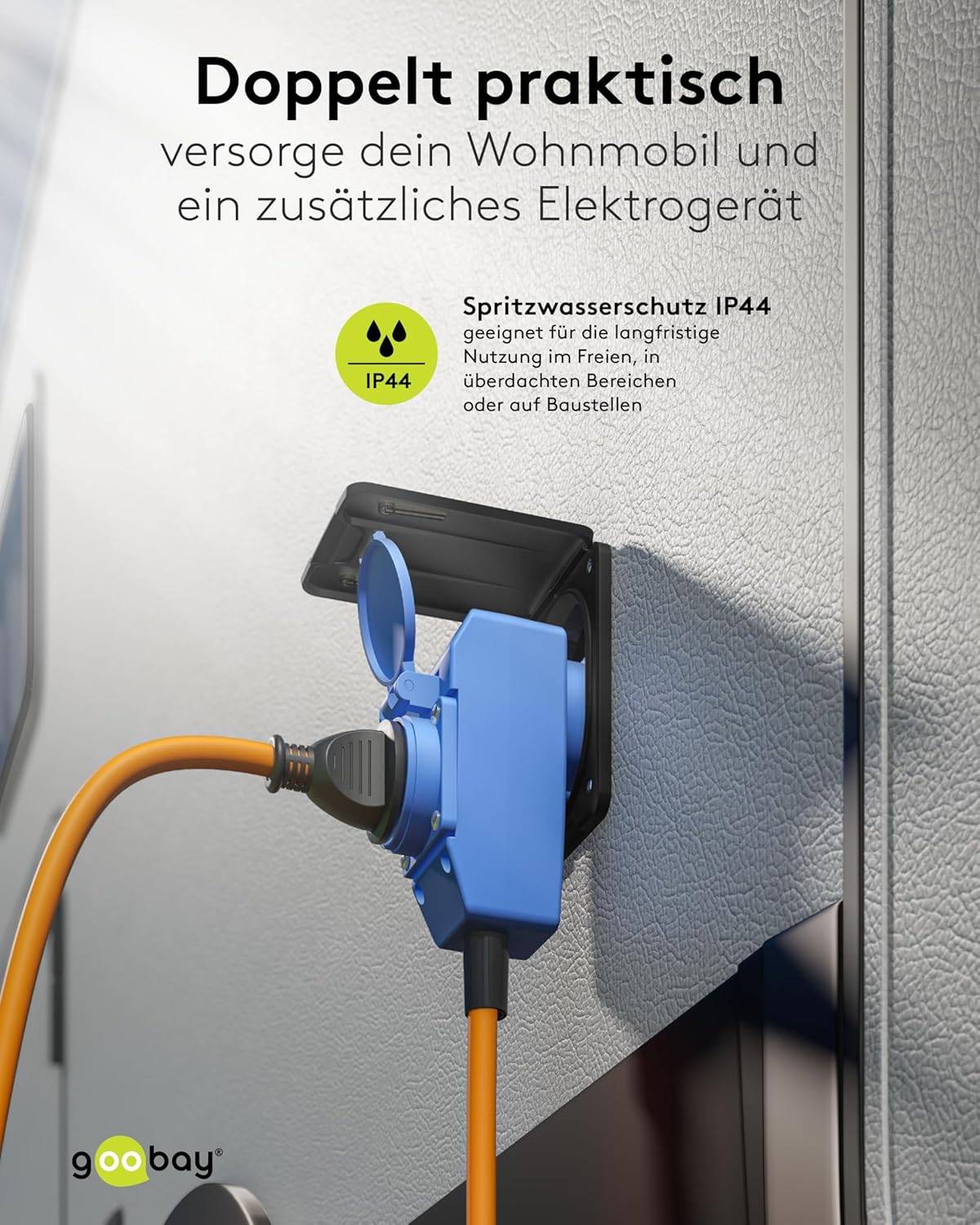 Goobay 76233 CEE Adapterkabel, CEE-Stecker auf 90° CEE-Buchse und Schutzkontakt-Buchse, IP44 16 A / 230 V, 5 mtr-5