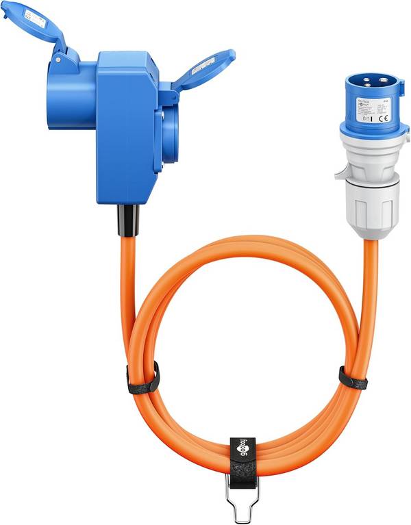 Goobay 76232 CEE Adapterkabel, CEE-Stecker auf 90° CEE-Buchse und Schutzkontakt-Buchse, IP44 16 A / 230 V, 1.5 mtr