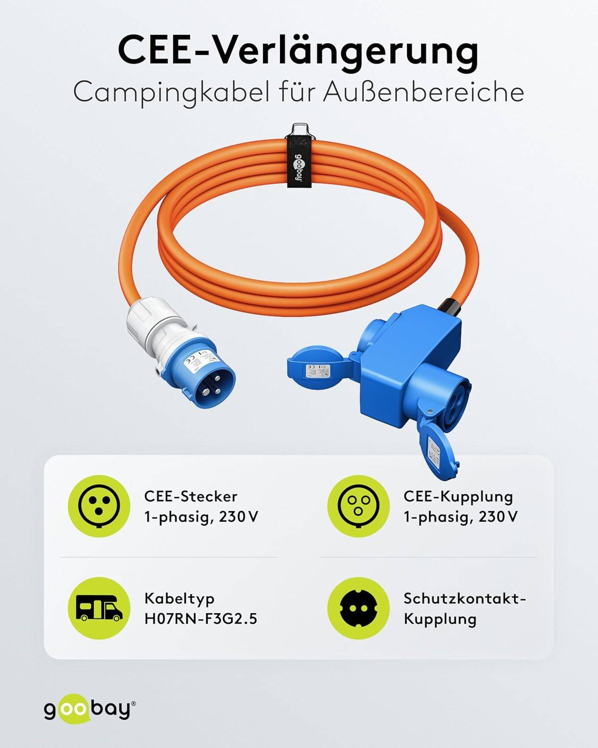 Goobay 76233 CEE Adapterkabel, CEE-Stecker auf 90° CEE-Buchse und Schutzkontakt-Buchse, IP44 16 A / 230 V, 5 mtr-1