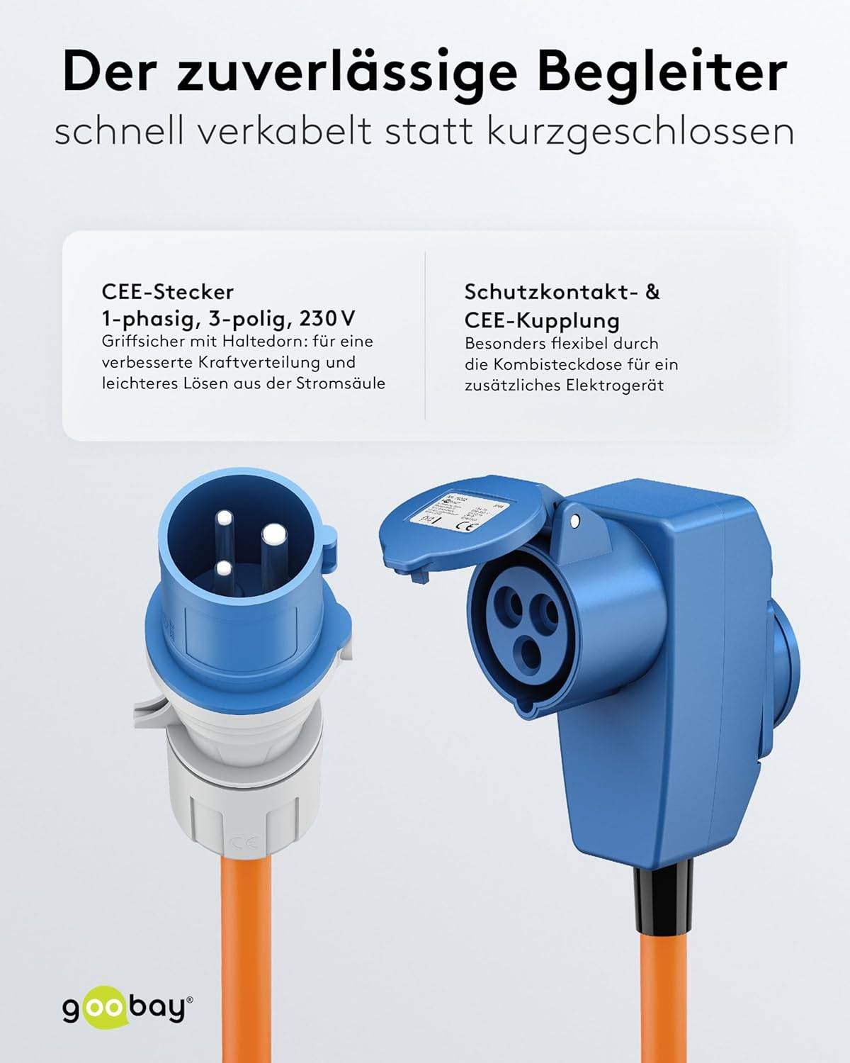 Goobay 76233 CEE Adapterkabel, CEE-Stecker auf 90° CEE-Buchse und Schutzkontakt-Buchse, IP44 16 A / 230 V, 5 mtr-3