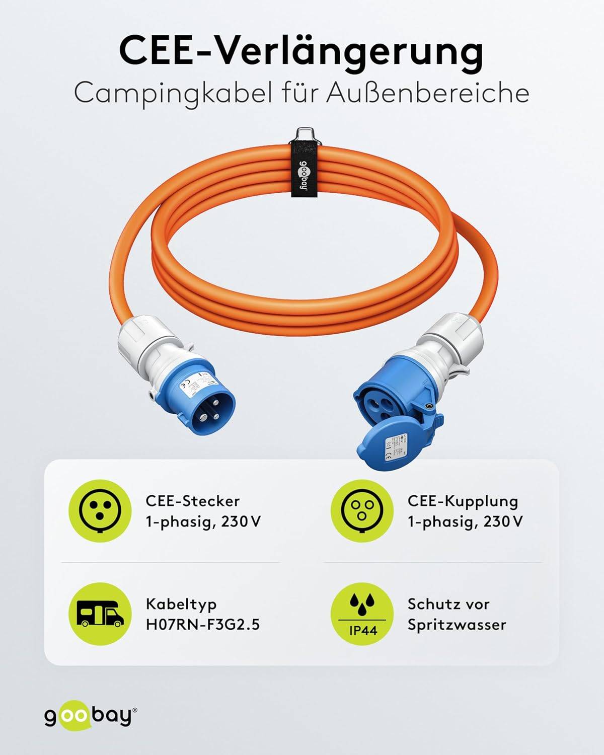 Goobay 76230 CEE Verlängerung, Adapter für Camping , CEE-Stecker auf CEE-Buchse, IP44 16 A / 230 V, 25 mtr-1