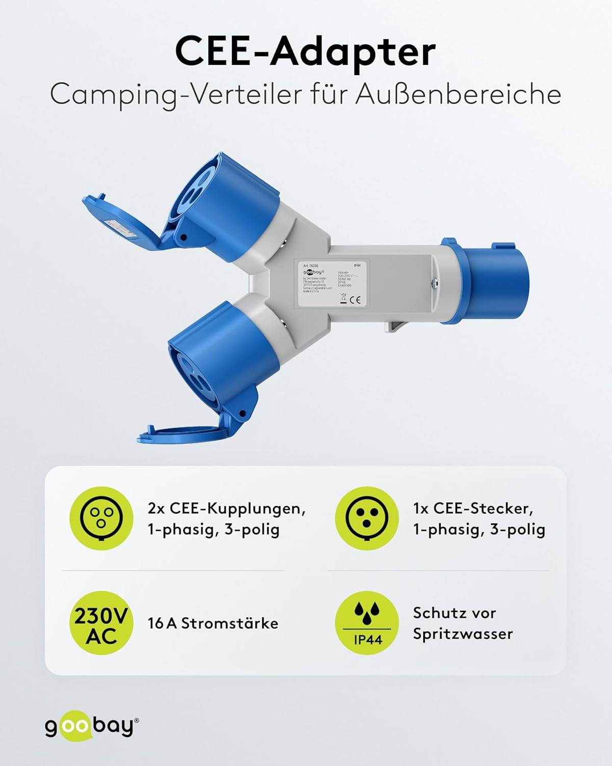 Goobay 76236 CEE Y-Adapter, CEE-Stecker auf 2x CEE-Kupplung, IP44 16 A / 230 V-1