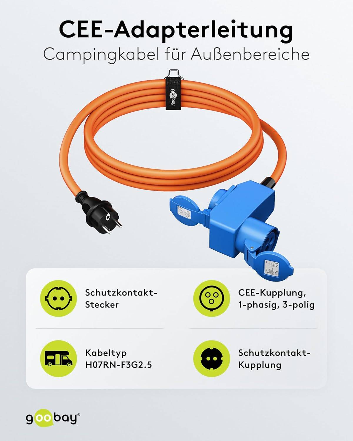Goobay 76222 CEE Adapterkabel, Schutzkontakt-Stecker auf CEE+Schutzkontakt Buchse, IP44 16 A / 230 V, 1.5 mtr-1