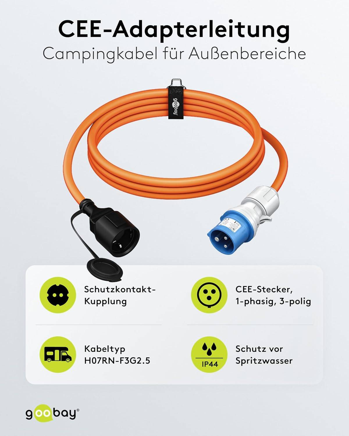 Goobay 76223 CEE Adapterkabel, CEE-Stecker auf Schutzkontakt-Buchse, IP44 16 A / 230 V, 1.5 mtr-1