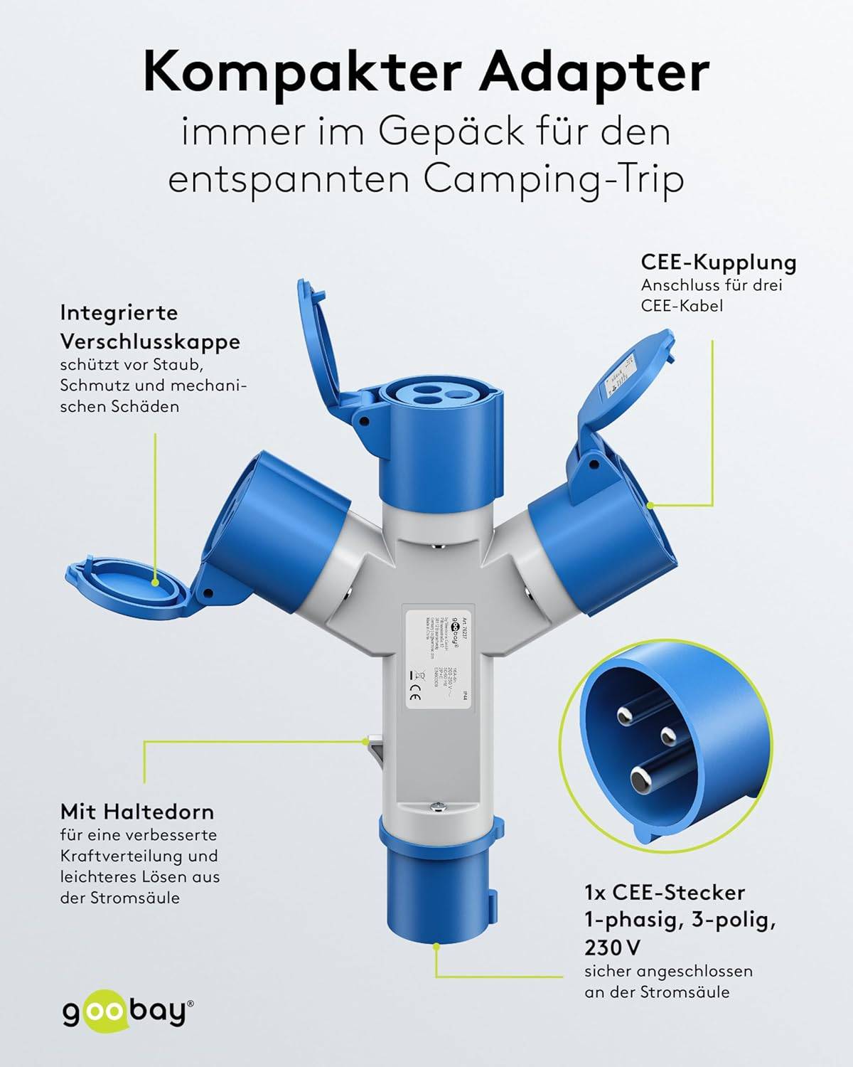 Goobay 76237 CEE Y-Adapter, CEE-Stecker auf 3x CEE-Kupplung, IP44 16 A / 230 V-3