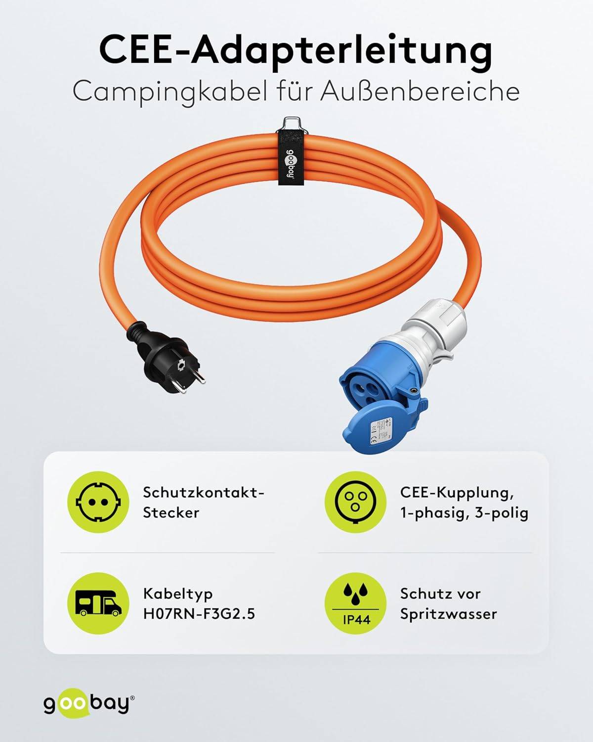 Goobay 76185 CEE Adapterkabel, CEE-Buchse auf Schutzkontakt-Stecker, IP44 16 A / 230 V, 1.5 mtr-1