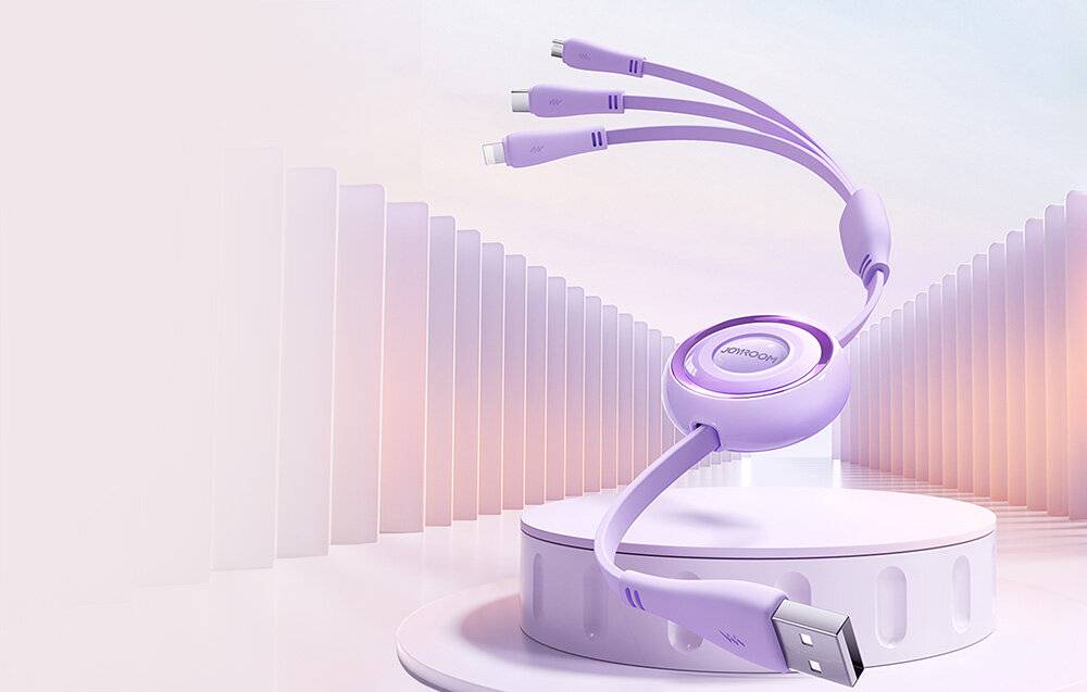 Symbolbild für Joyroom 3-in-1 Ladekabel USB auf USB-C/Lightning/Micro-USB, 3,5A, 1m, einziehbar, lila