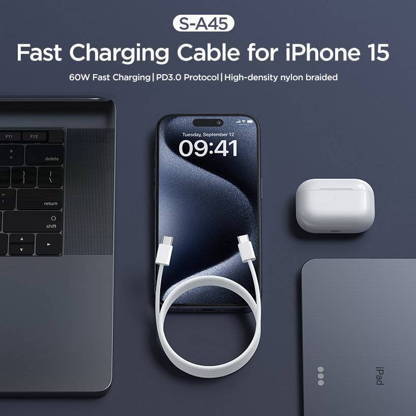 Joyroom S-A45 USB-C auf USB-C Kabel, 60W, geflochten, 1m, weiß-3