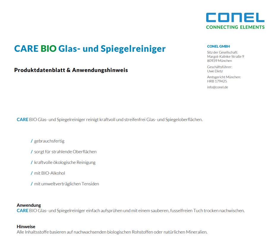 CONEL CARE Bio Glas- und Spiegelreiniger mit Bio-Alkohol 500ml Handsprayflasche-1