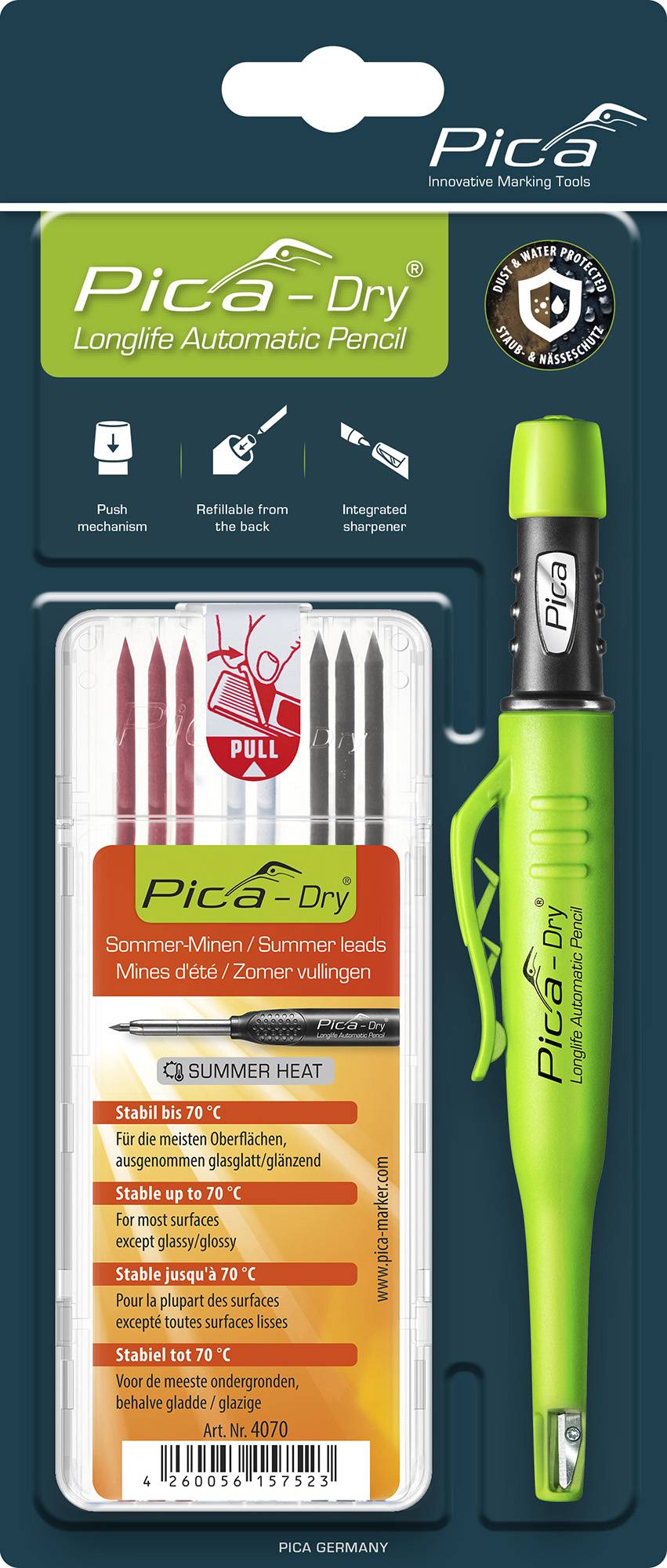 Pica Dry Longlife Automatic Pencil Tieflochmarker + 8 Spezialminen Sommer Set Graphit Rot Weiß wasserfest-0