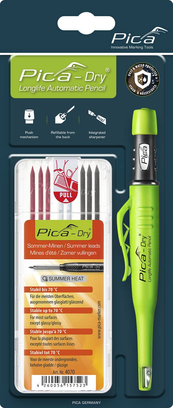 Pica Dry Longlife Automatic Pencil Tieflochmarker + 8 Spezialminen Sommer Set Graphit Rot Weiß wasserfest