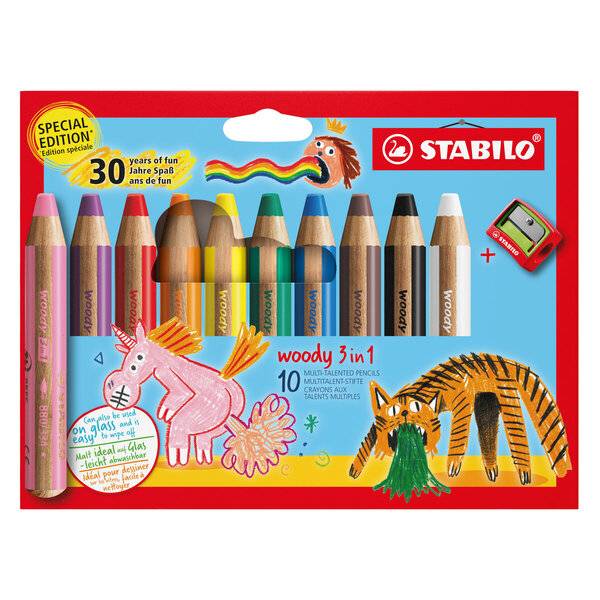 Aquarellfarbstift 10Stück woody 3 in 1 sort Einhorn + Tiger STABILO EO880/10-3-0