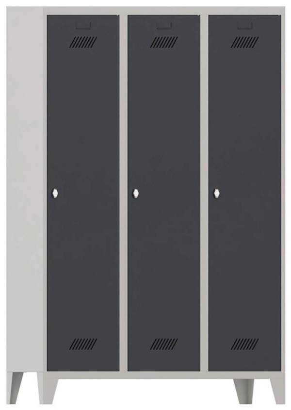 Garderobenschrank m.Füßen u.Drehriegel H1850xB1200xT500mm grau/grau 3 Abt.PAVOY