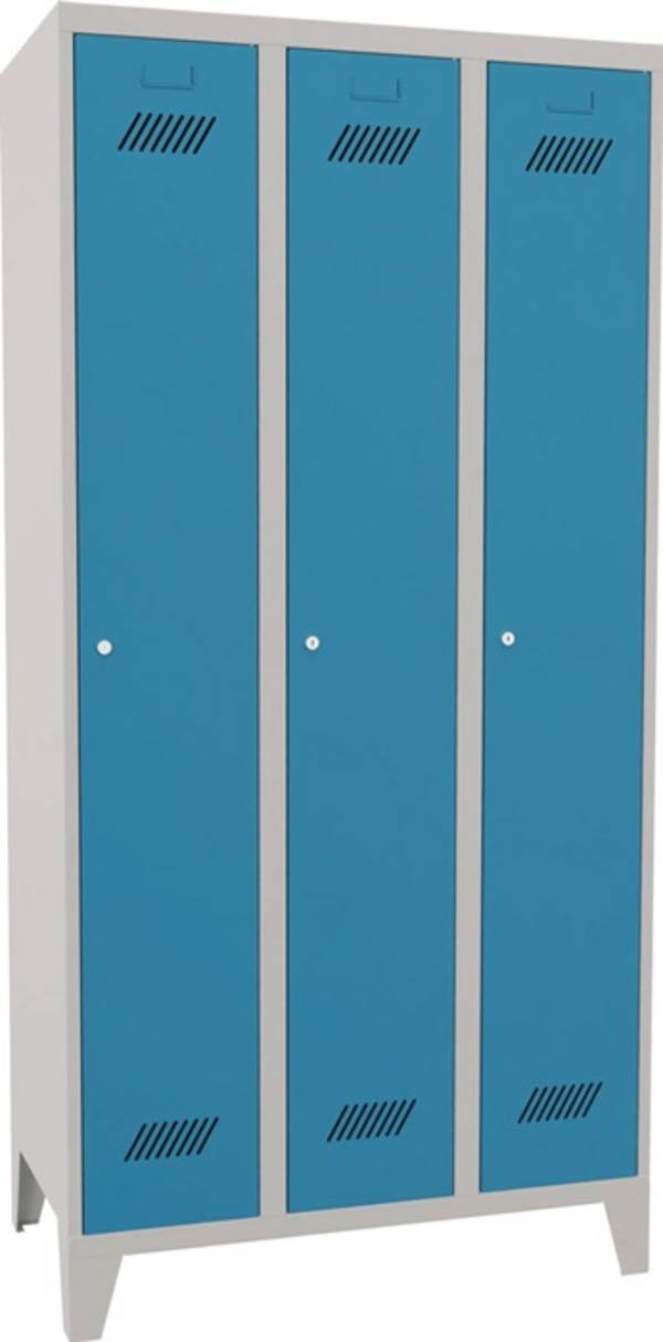 Garderobenschank m.Füßen u.Zyl.H1850xB900xT500mm lichtgrau/lichtblau 3 Abt.PAVOY