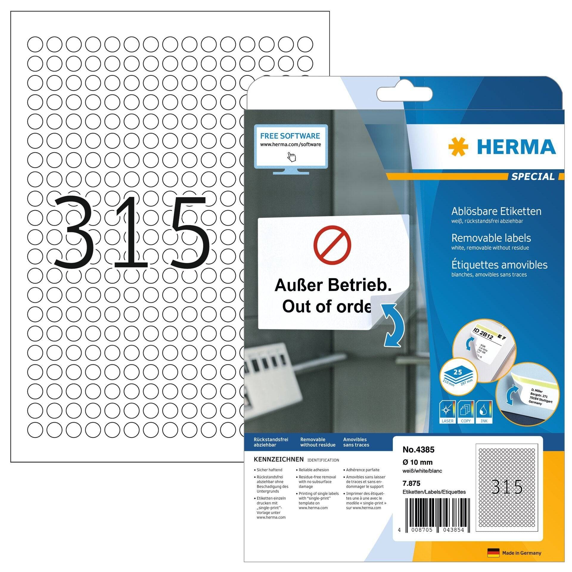HERMA Special - Papier - matt - selbstklebend, entfernbarer Klebstoff - weiß - 10 mm rund 7875 Etikett(en) (25 Bogen x 3-8