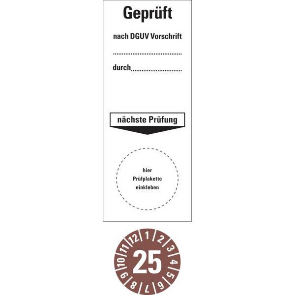Sammelbogen Grundetikett Geprüft nach DGUV Vorschrift durch... Nächster Prüftermin 25, braun