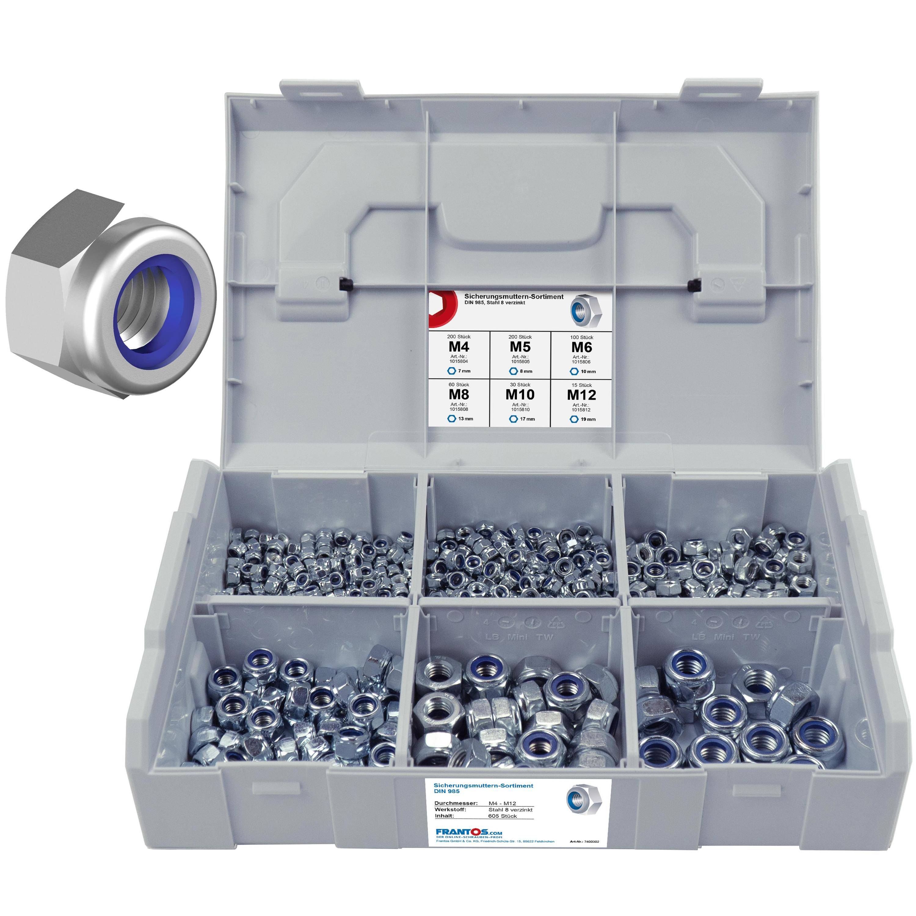 FRANTOS L-BOXX Mini DIN 985 Sicherungsmuttern Sortiment, M4 bis M12 605 tlg. (Stahl verzinkt) Sechskant Muttern Set-0