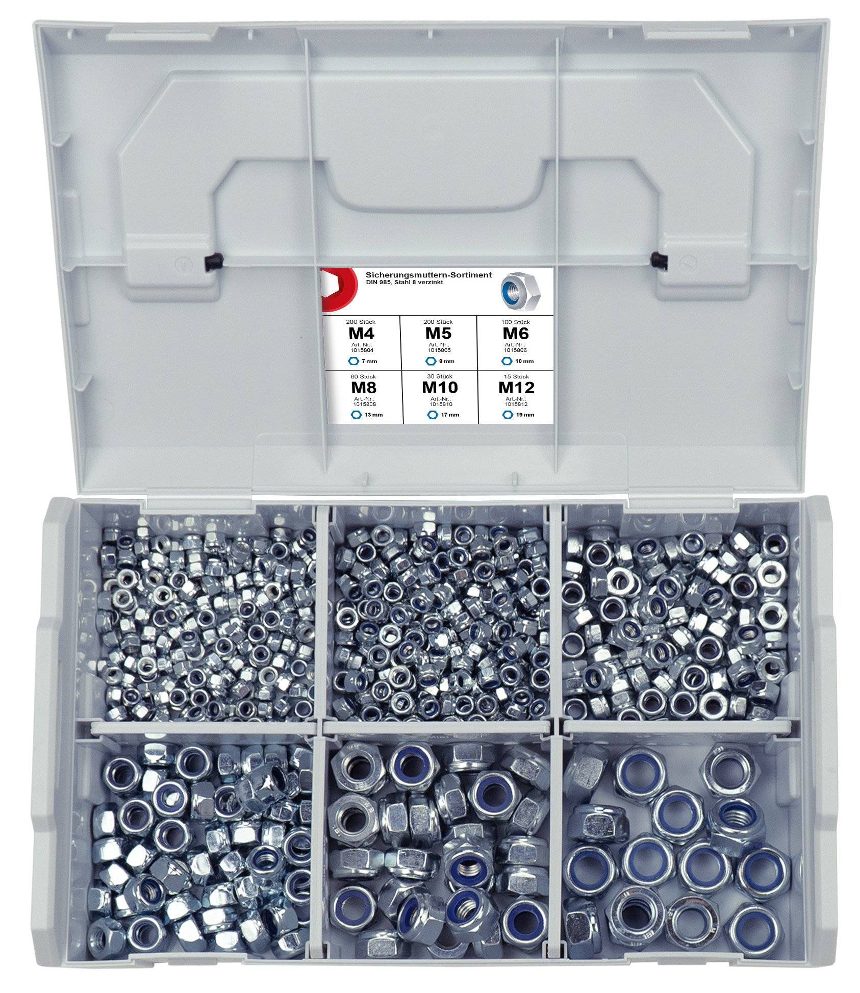 FRANTOS L-BOXX Mini DIN 985 Sicherungsmuttern Sortiment, M4 bis M12 605 tlg. (Stahl verzinkt) Sechskant Muttern Set-2