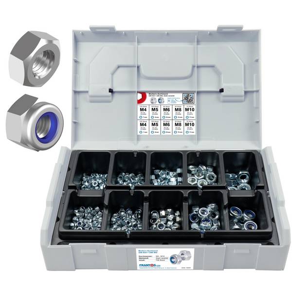 FRANTOS L-BOXX Mini DIN 934 Sechskantmuttern + DIN 985 Sicherungsmuttern Sortiment, 780 tlg. (Stahl verzinkt)