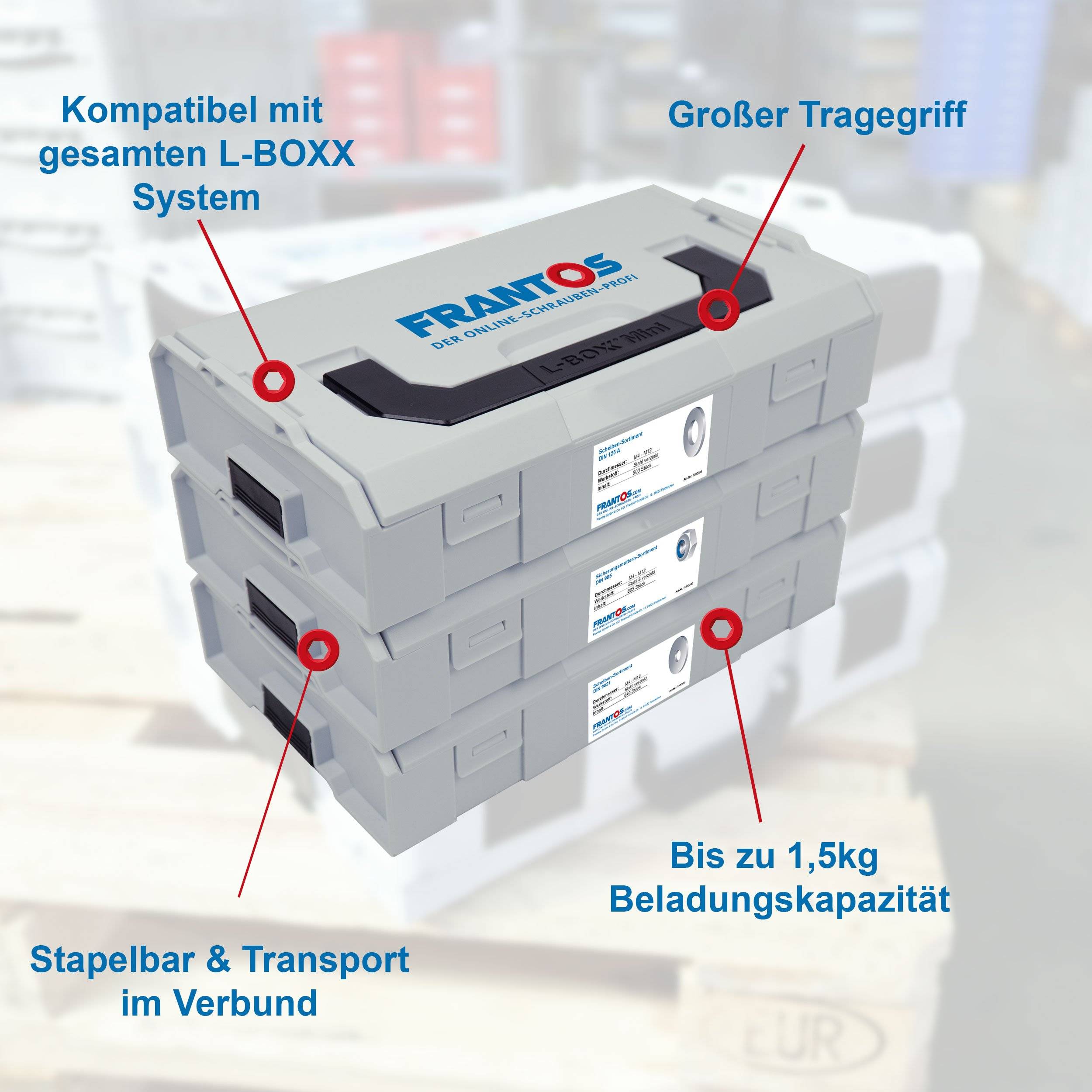 FRANTOS L-BOXX Mini DIN 9021 Unterlegscheiben Sortiment, M4 bis M12 640 tlg. (Edelstahl A2) Beilagscheiben Scheiben Set-1