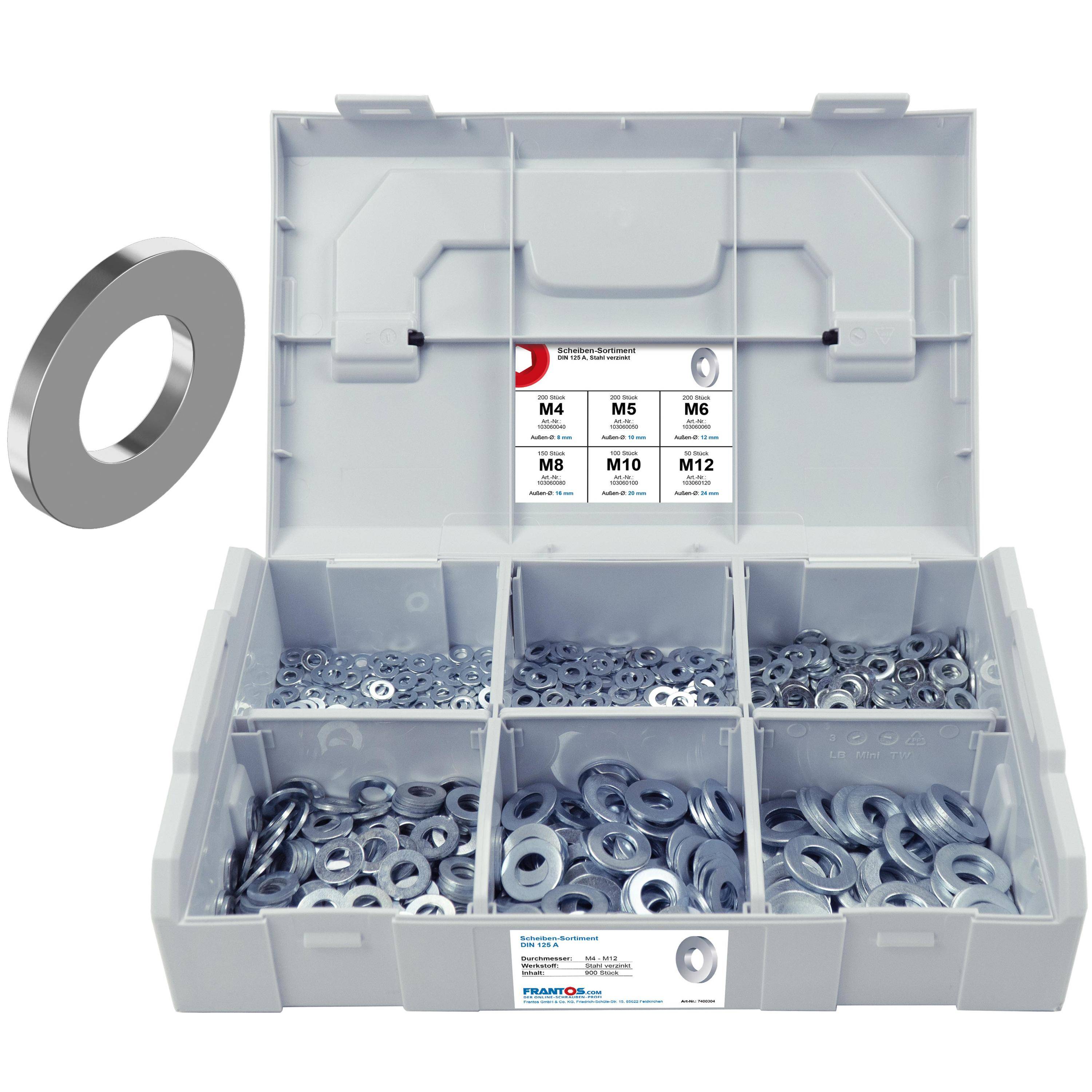 FRANTOS L-BOXX Mini DIN 125 A Unterlegscheiben Sortiment, M4 bis M12 900 tlg. (Stahl verzinkt) Scheiben Set-0