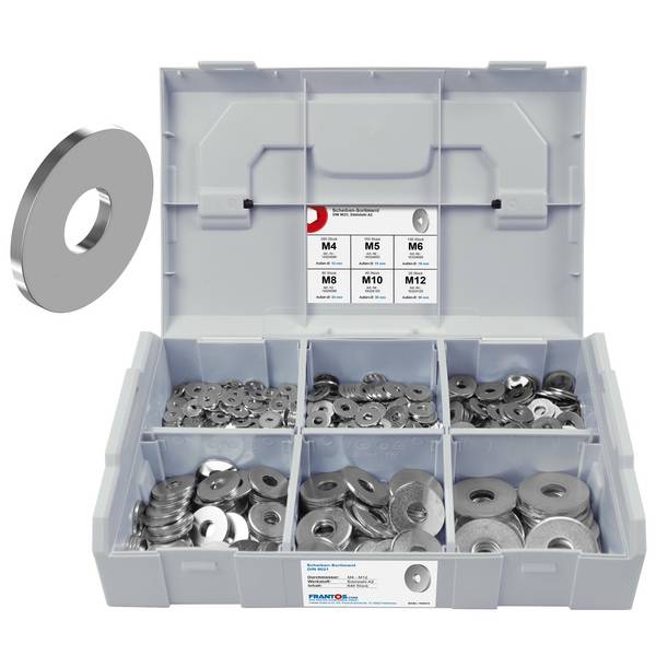 FRANTOS L-BOXX Mini DIN 9021 Unterlegscheiben Sortiment, M4 bis M12 640 tlg. (Edelstahl A2) Beilagscheiben Scheiben Set
