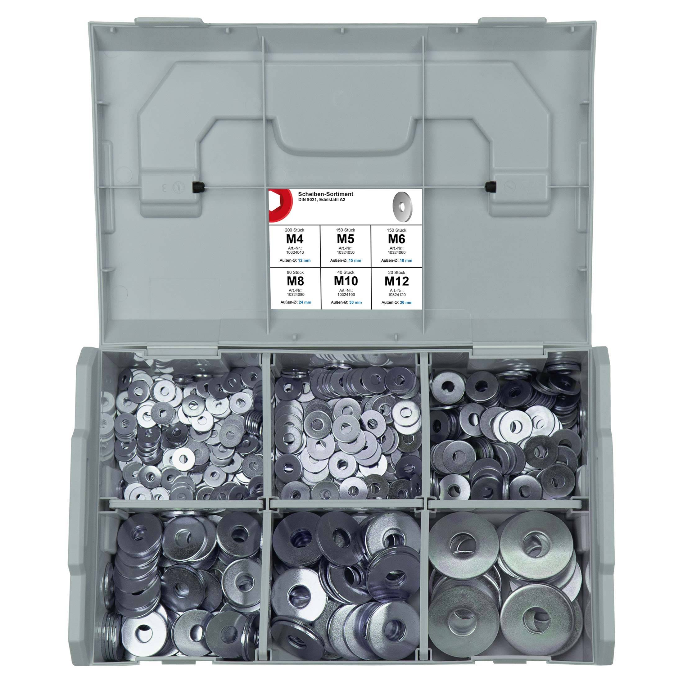 FRANTOS L-BOXX Mini DIN 9021 Unterlegscheiben Sortiment, M4 bis M12 640 tlg. (Edelstahl A2) Beilagscheiben Scheiben Set-4