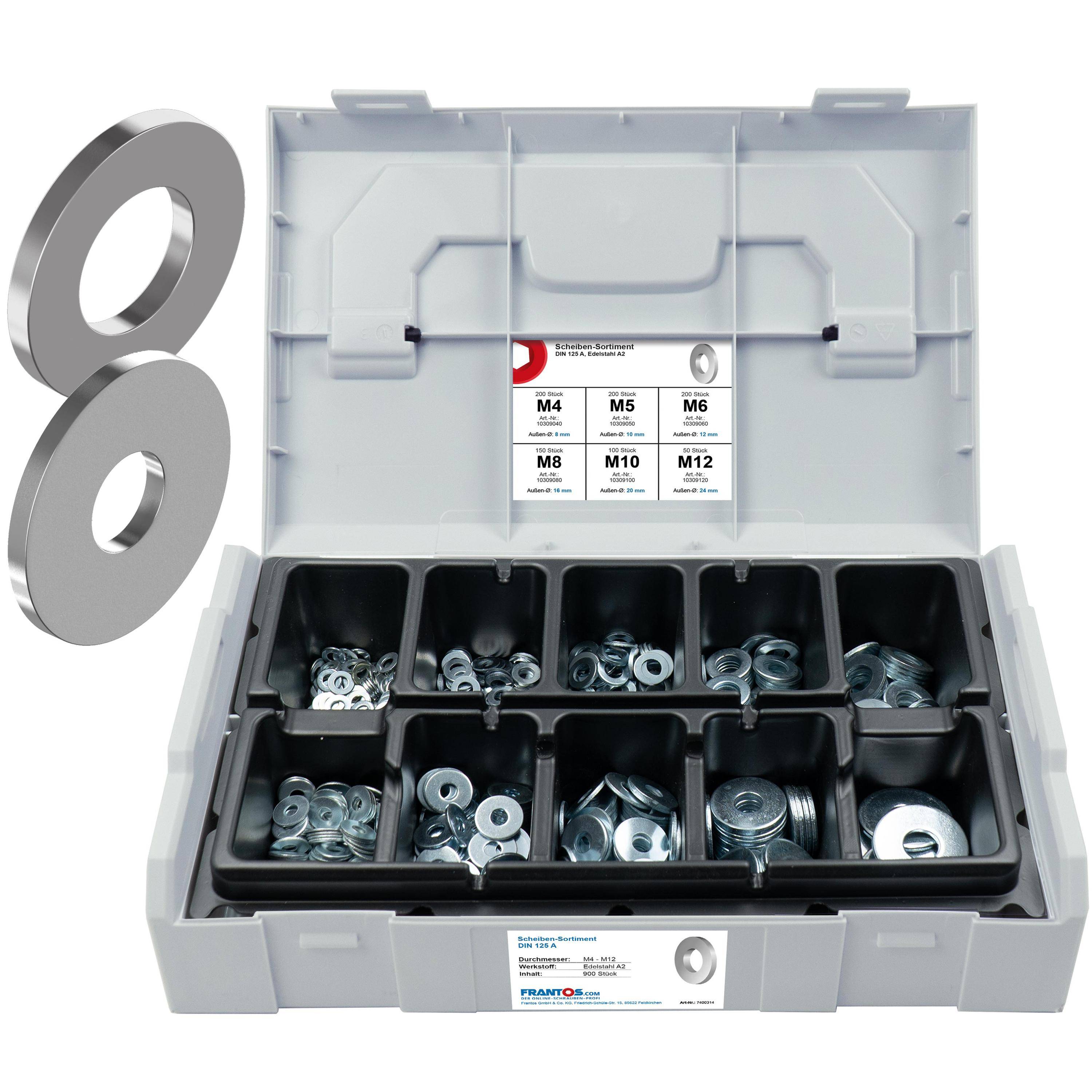 FRANTOS L-BOXX Mini DIN 125 A und DIN 9021 Unterlegscheiben Sortiment, 960 tlg. (Edelstahl A2) Beilagscheiben Set-0