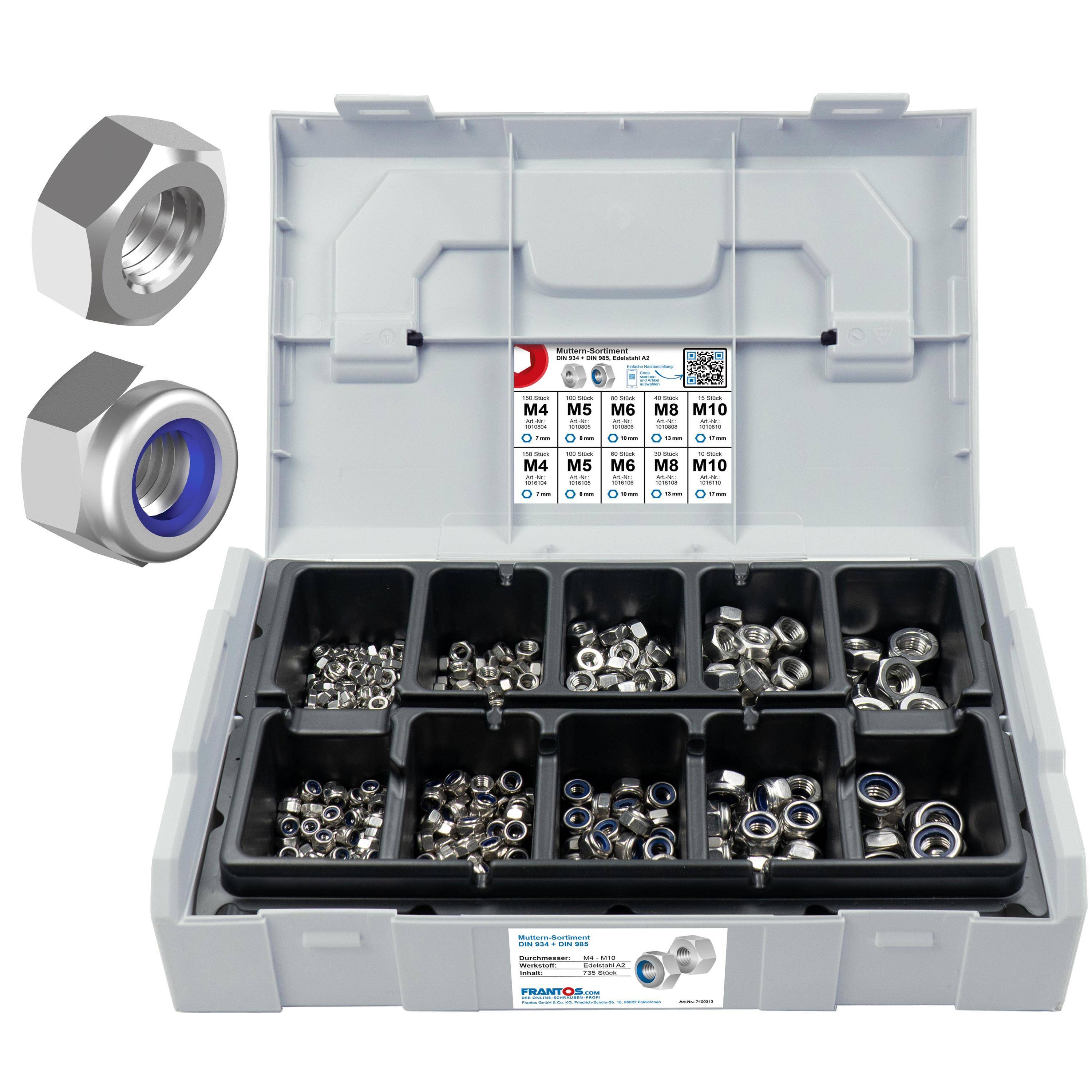 FRANTOS L-BOXX Mini DIN 934 Sechskantmuttern & DIN 985 Sicherungsmuttern Sortiment 780 tlg. (Edelstahl A2) Muttern Set-0