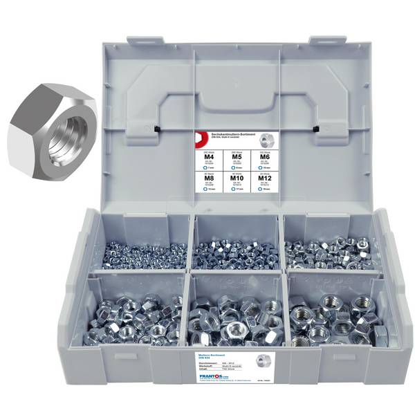 FRANTOS L-BOXX Mini DIN 934 Sechskantmuttern Sortiment, M4 bis M12 740 tlg. (Stahl verzinkt) Sechskant Muttern Set