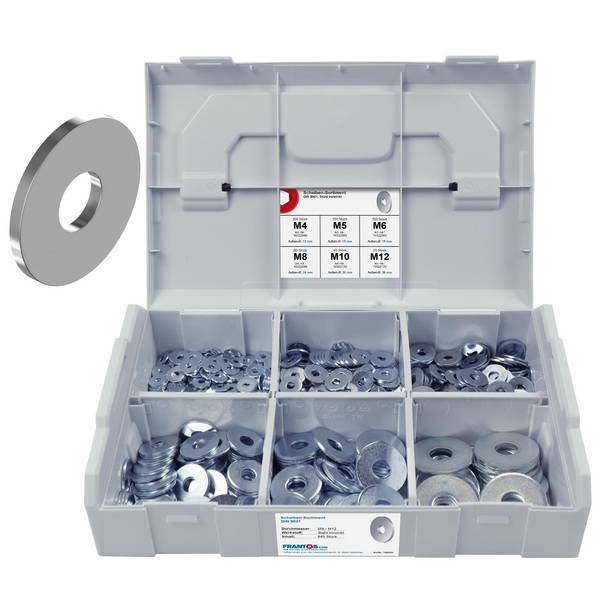 FRANTOS L-BOXX Mini DIN 9021 Unterlegscheiben Sortiment, M4 bis M12 640 tlg. (Stahl verzinkt) Beilagscheiben Set