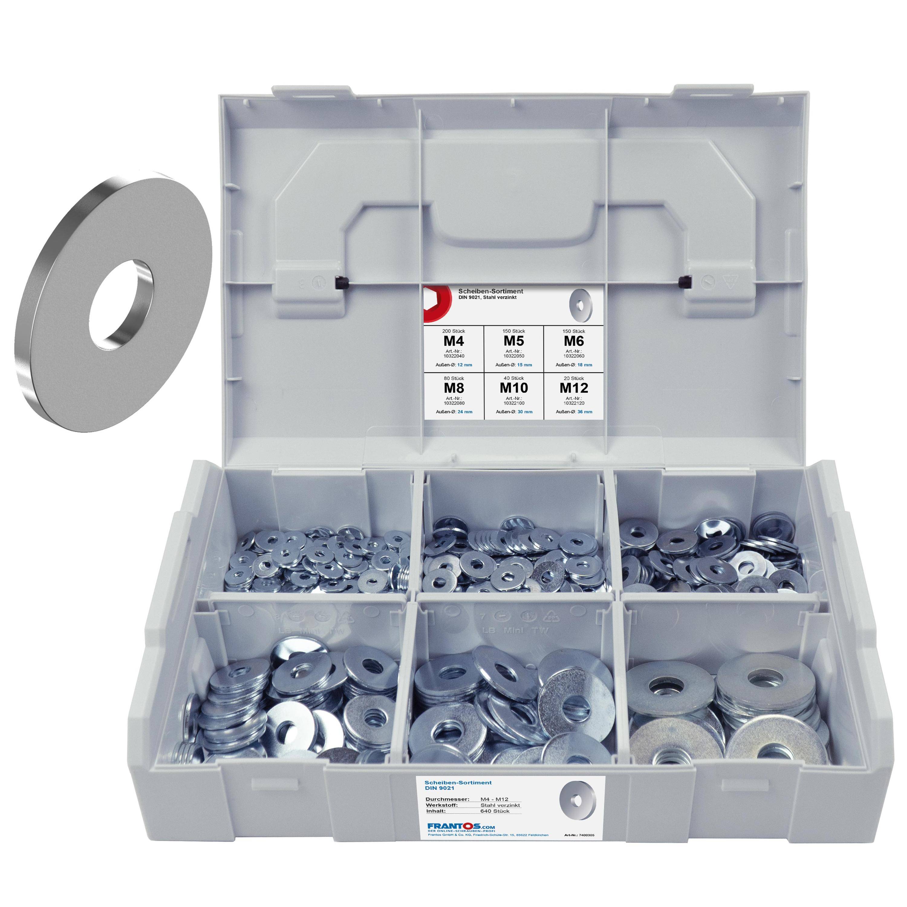FRANTOS L-BOXX Mini DIN 9021 Unterlegscheiben Sortiment, M4 bis M12 640 tlg. (Stahl verzinkt) Beilagscheiben Set-0