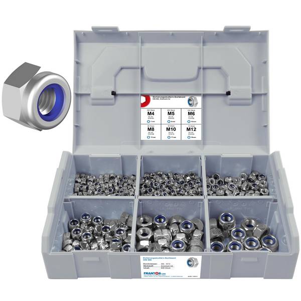 FRANTOS L-BOXX Mini DIN 985 Sicherungsmuttern Sortiment M4 bis M12 605 tlg. (Edelstahl A2) selbstsicherende Muttern Set