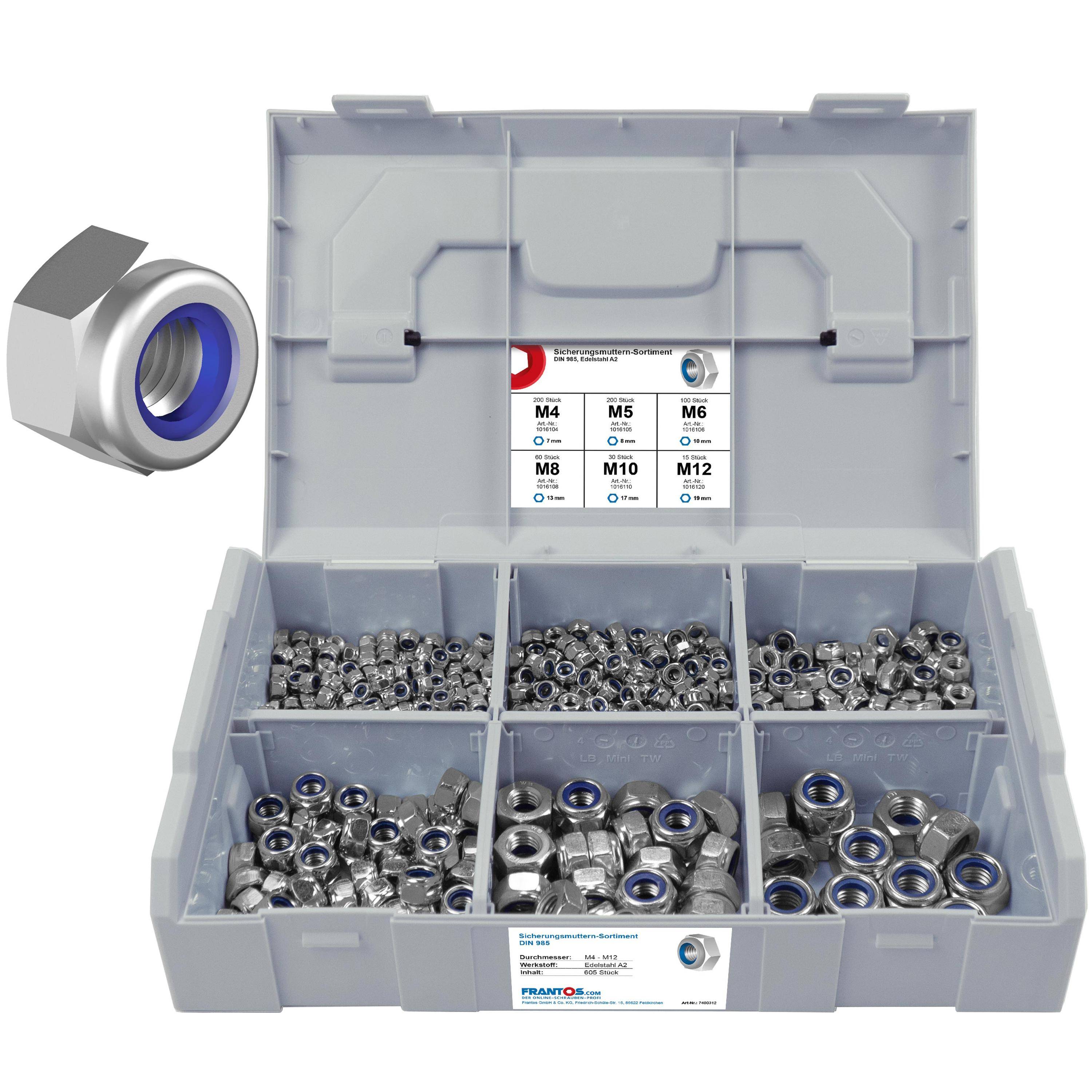 FRANTOS L-BOXX Mini DIN 985 Sicherungsmuttern Sortiment M4 bis M12 605 tlg. (Edelstahl A2) selbstsicherende Muttern Set-0