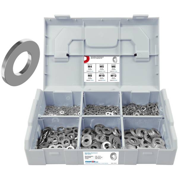 FRANTOS L-BOXX Mini DIN 125 A Unterlegscheiben Sortiment, M4 bis M12 900 tlg. (Edelstahl A2) Beilagscheiben Set