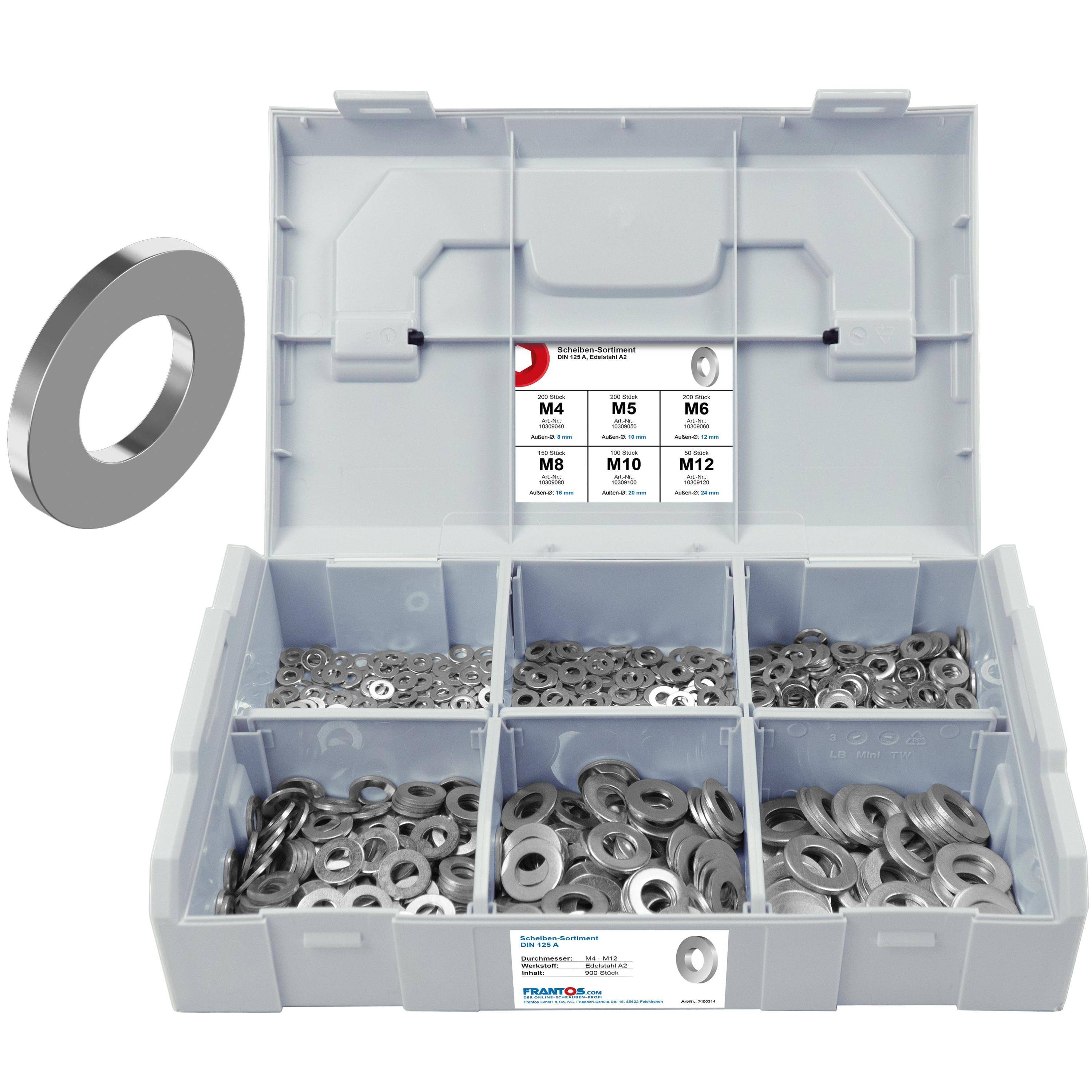 FRANTOS L-BOXX Mini DIN 125 A Unterlegscheiben Sortiment, M4 bis M12 900 tlg. (Edelstahl A2) Beilagscheiben Set-0