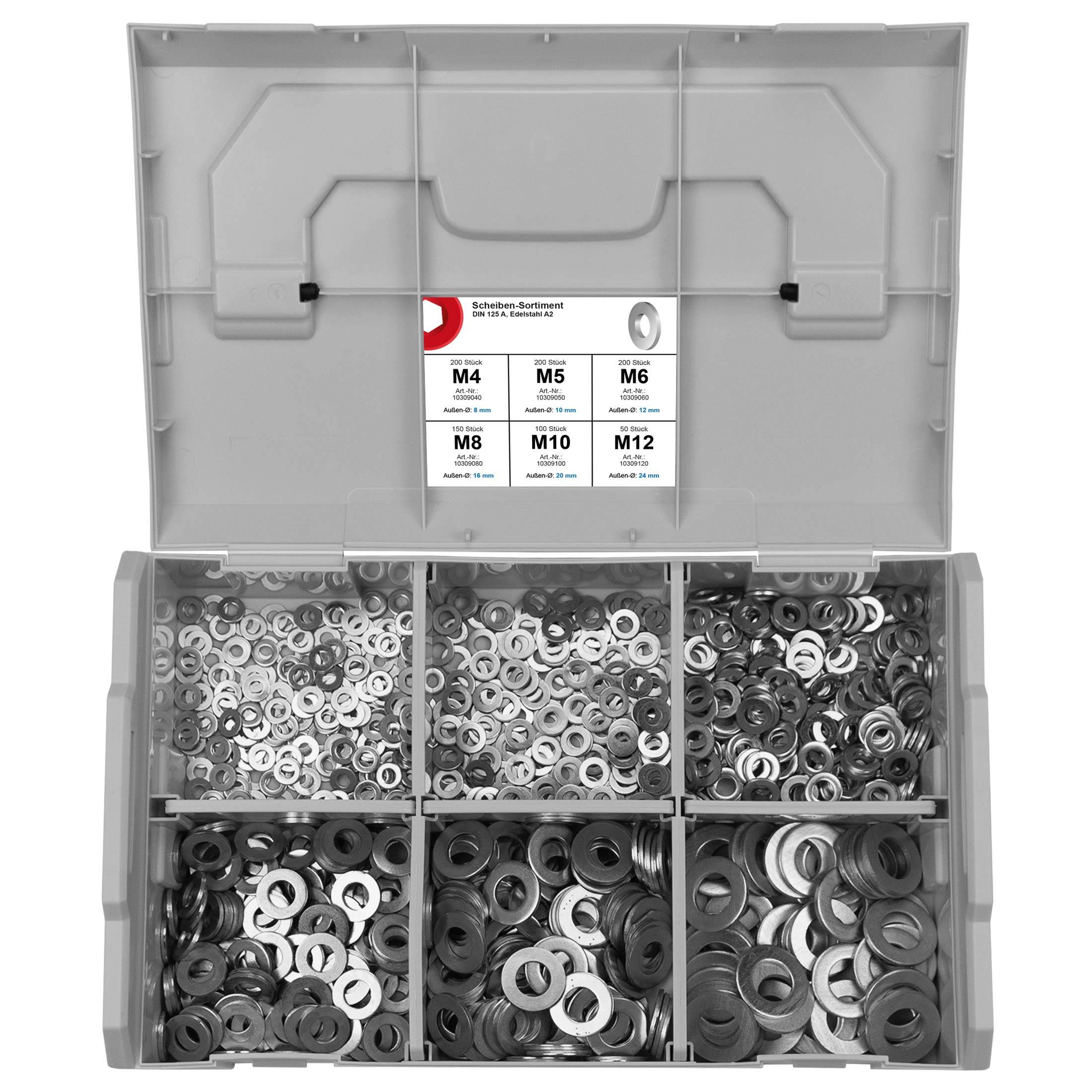 FRANTOS L-BOXX Mini DIN 125 A Unterlegscheiben Sortiment, M4 bis M12 900 tlg. (Edelstahl A2) Beilagscheiben Set-4
