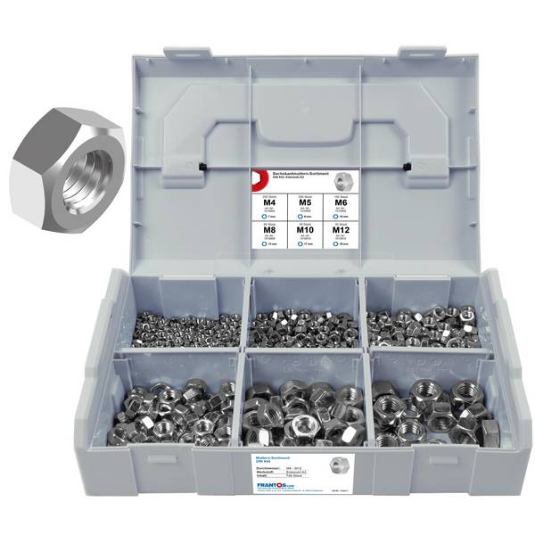 FRANTOS L-BOXX Mini DIN 934 Sechskantmuttern Sortiment, M4 bis M12 740 tlg. (Edelstahl A2) - Sechskant Muttern Set