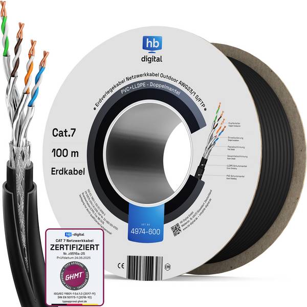 hb-digital 100m CAT 7 Erdverlegekabel Doppelmantel S/FTP PVC + LLDPE AWG23 Außenbereich