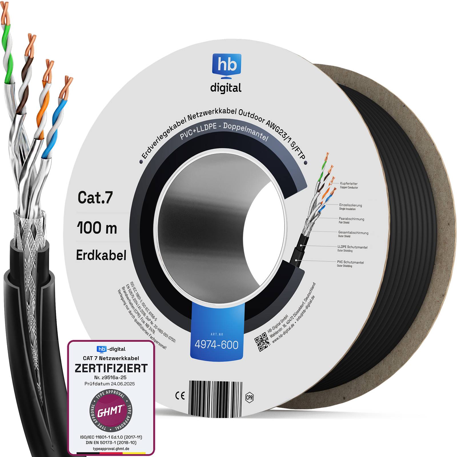 hb-digital 100m CAT 7 Erdverlegekabel Doppelmantel S/FTP PVC + LLDPE AWG23 Außenbereich-0
