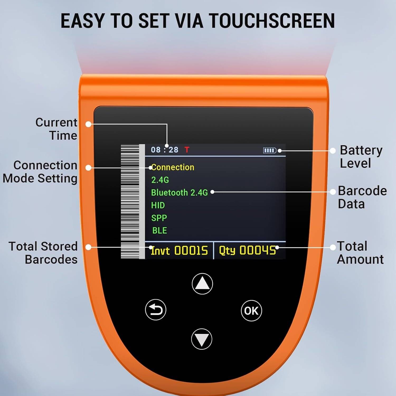 Tera HW0015 Scanner 1D/2D, Bluetooth 2.4GHz USB Wireless, inkl. Ladestation – Akku – Orange-1