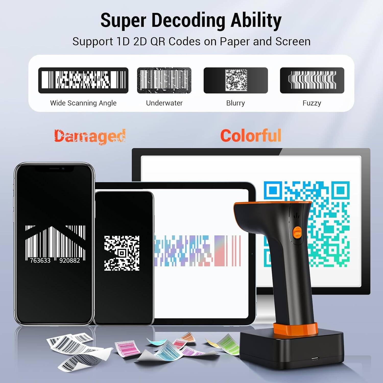 Tera HW0015 Scanner 1D/2D, Bluetooth 2.4GHz USB Wireless, inkl. Ladestation – Akku – Orange-3