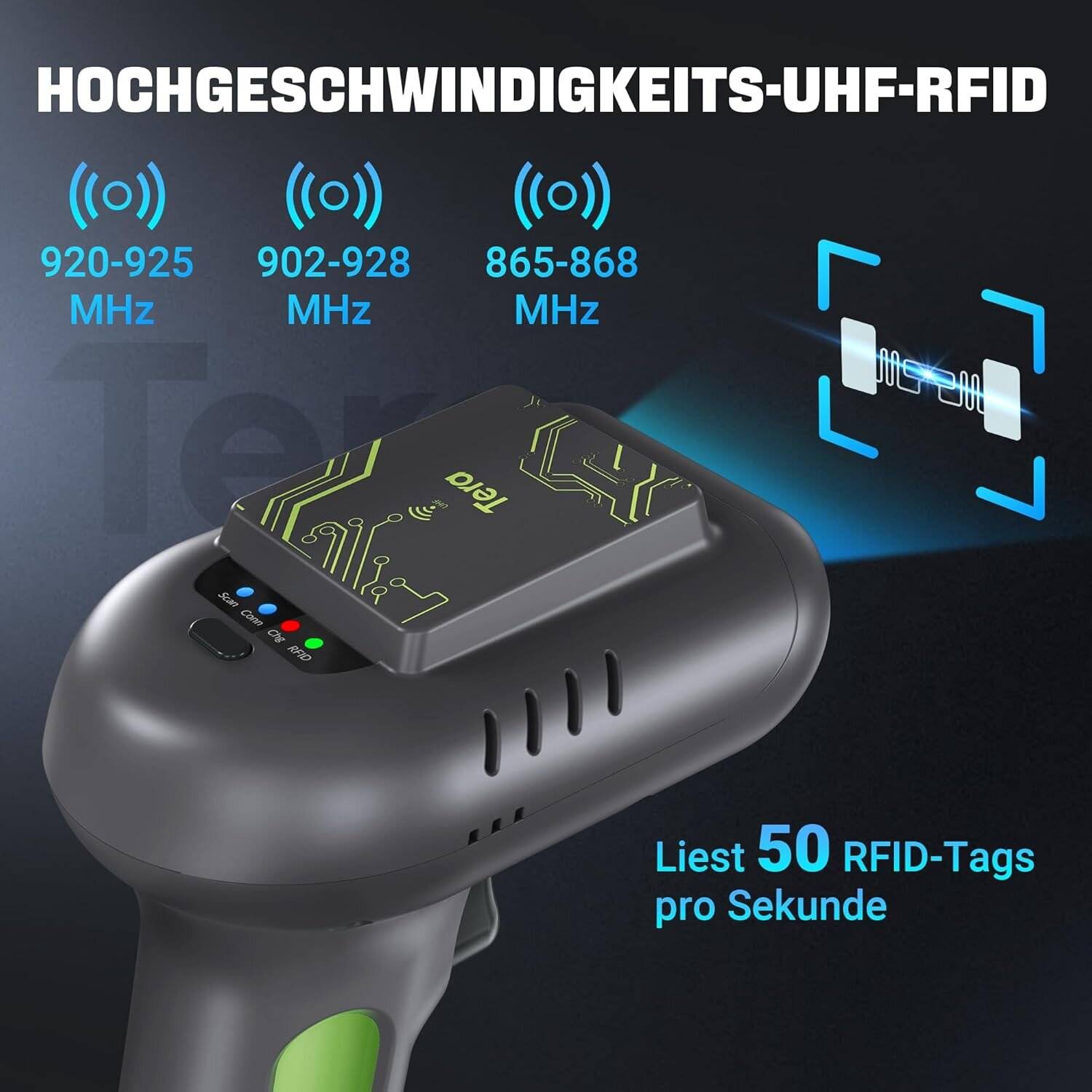 Tera HW0016 Scanner RFID/1D/2D, Bluetooth 2.4GHz USB Wireless, inkl. Ladestation – Akku – Grün-1