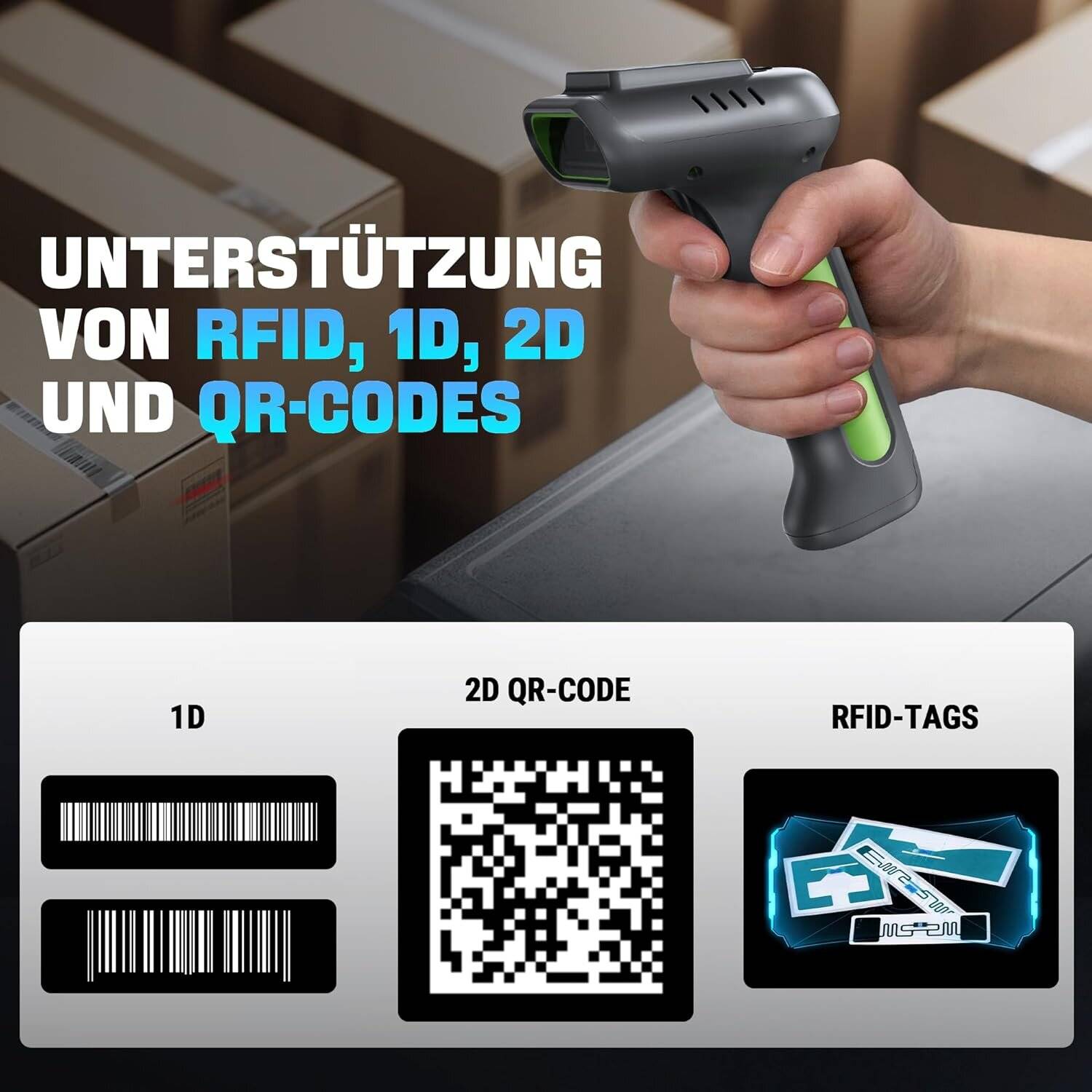 Tera HW0016 Scanner RFID/1D/2D, Bluetooth 2.4GHz USB Wireless, inkl. Ladestation – Akku – Grün-2