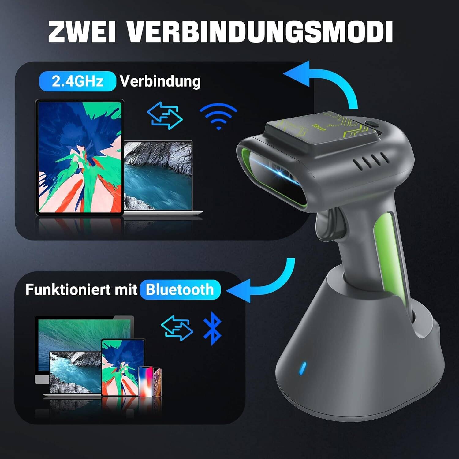 Tera HW0016 Scanner RFID/1D/2D, Bluetooth 2.4GHz USB Wireless, inkl. Ladestation – Akku – Grün-3