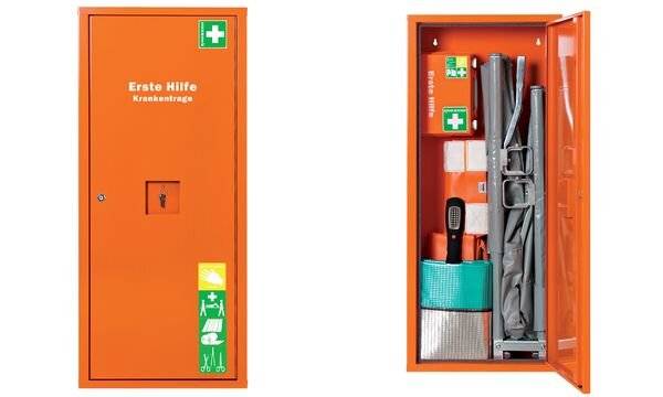 Stehschrank Erste-Hilfe-Trage gefüllt orange-2
